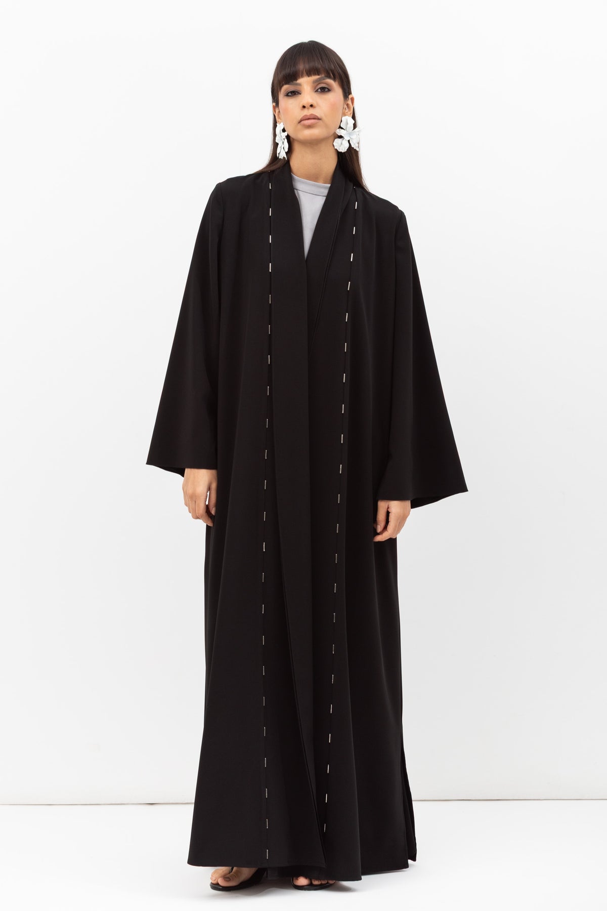 Fluid Shawl Lapel Abaya with Beads Work in Black RTW
