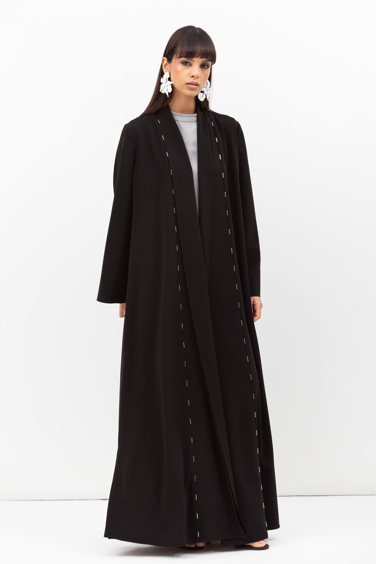 Fluid Shawl Lapel Abaya with Beads Work in Black RTW