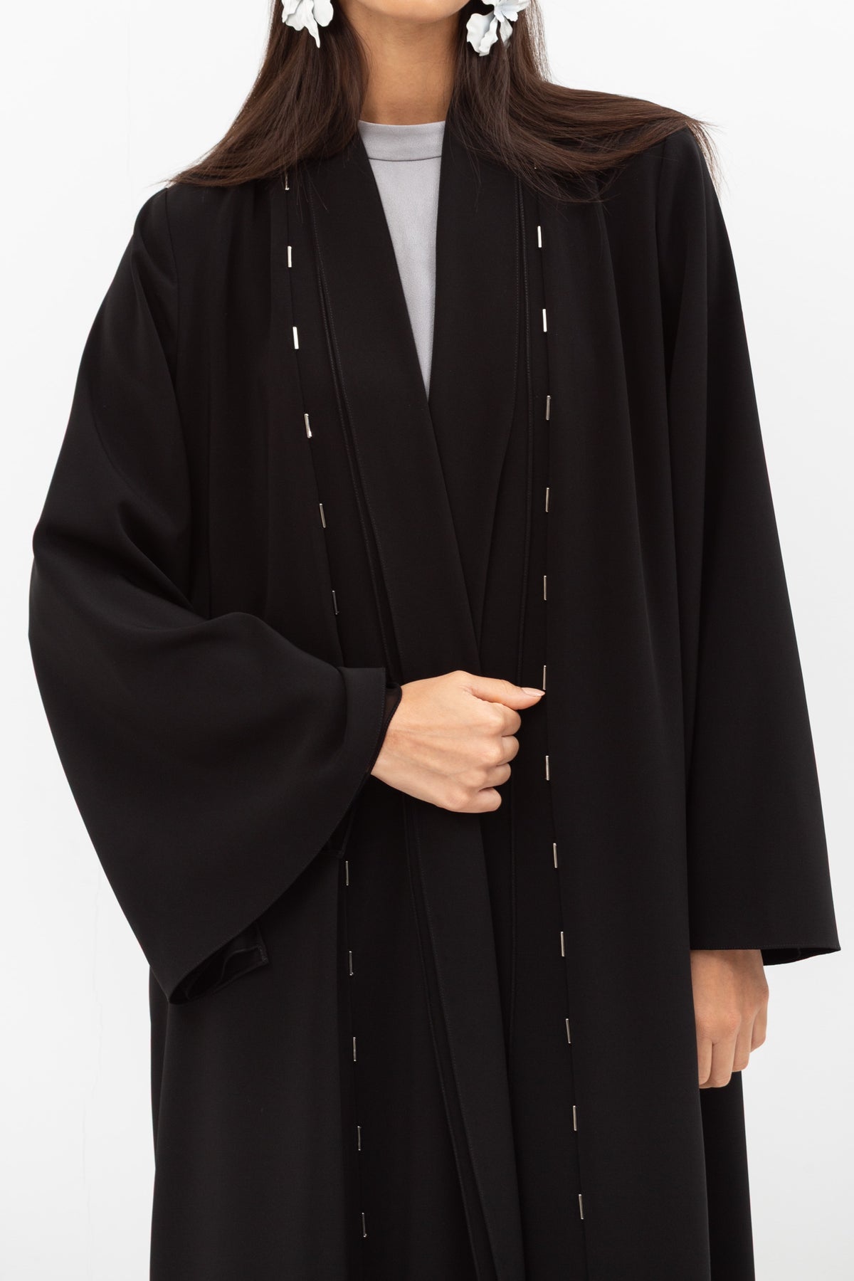 Fluid Shawl Lapel Abaya with Beads Work in Black RTW