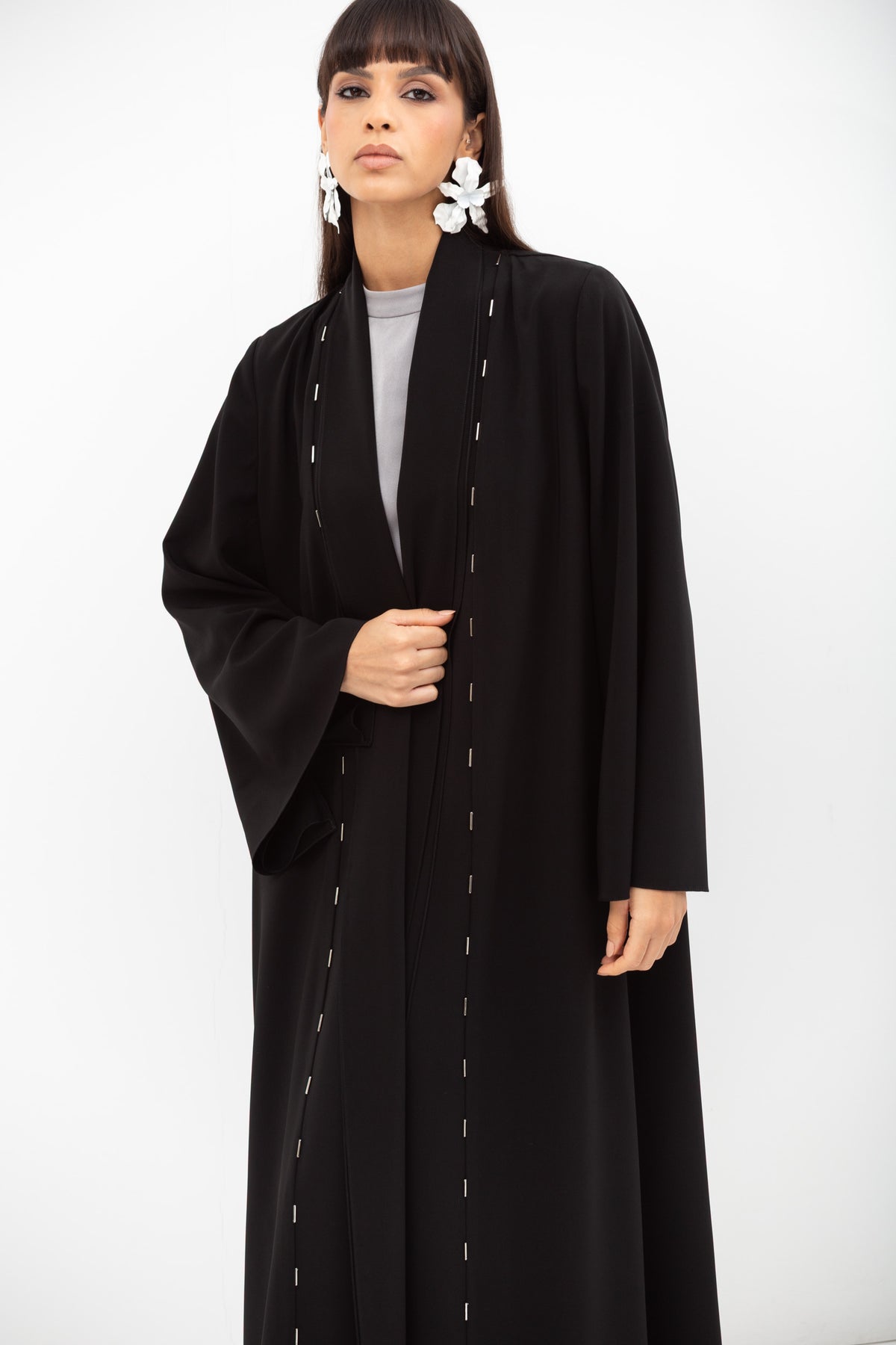 Fluid Shawl Lapel Abaya with Beads Work in Black RTW