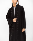 Fluid Shawl Lapel Abaya with Beads Work in Black RTW