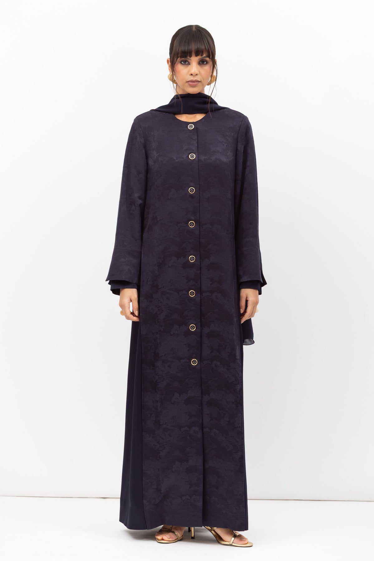 Front Closing Jacquard Abaya in Navy Blue