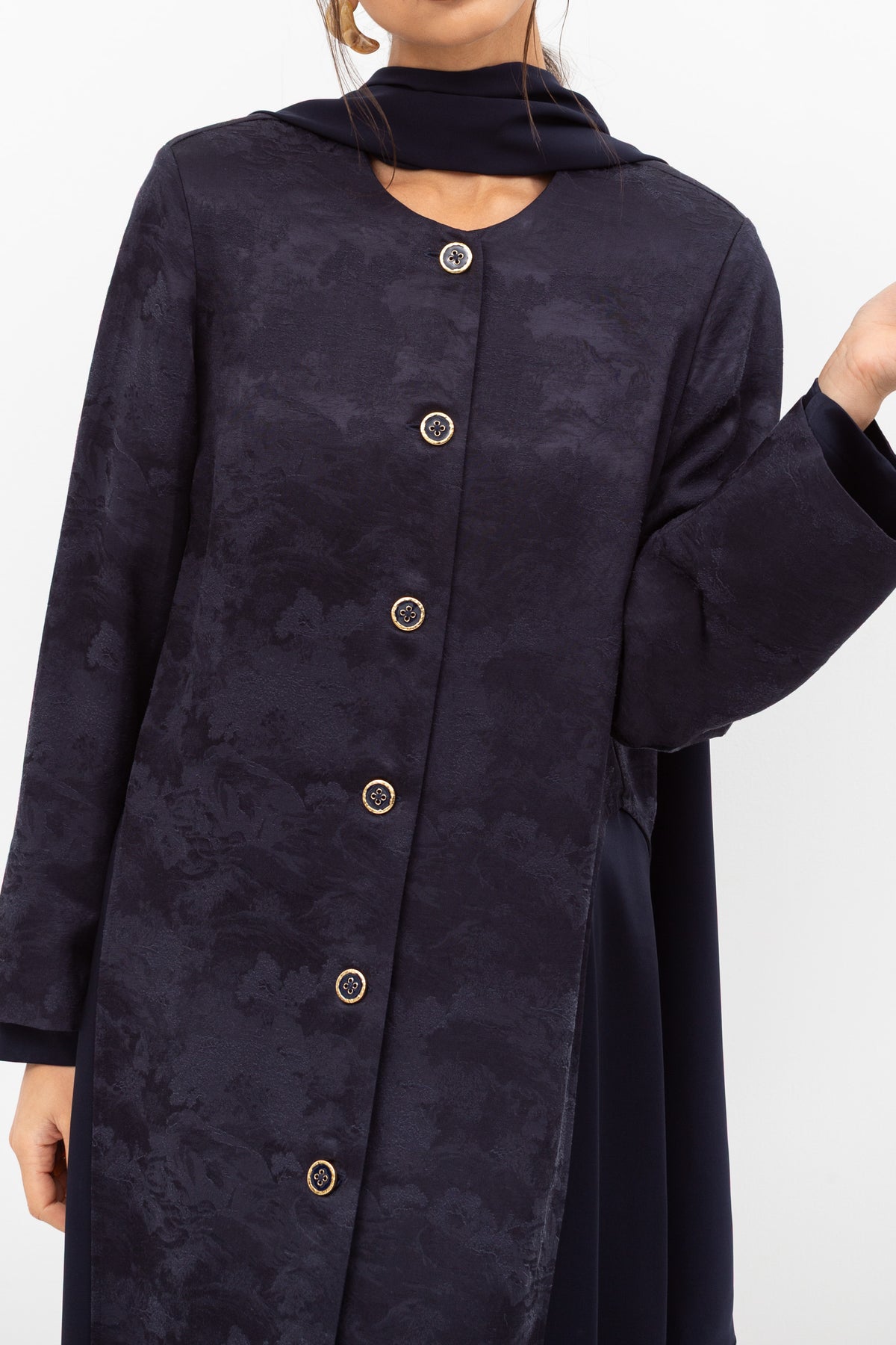 Front Closing Jacquard Abaya in Navy Blue