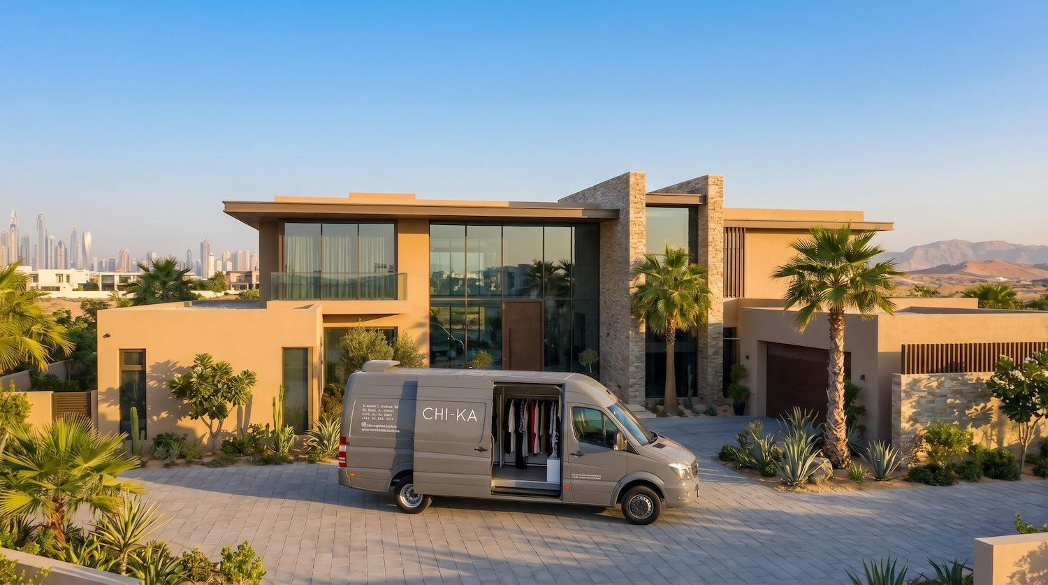 Van, retail mobile boutique with collection of abayas, kaftans, dresses with 'CHIKA' branding parked in front of a modern house with palm trees and clear sky, arriving for a home visit for a retail experience of home shopping.