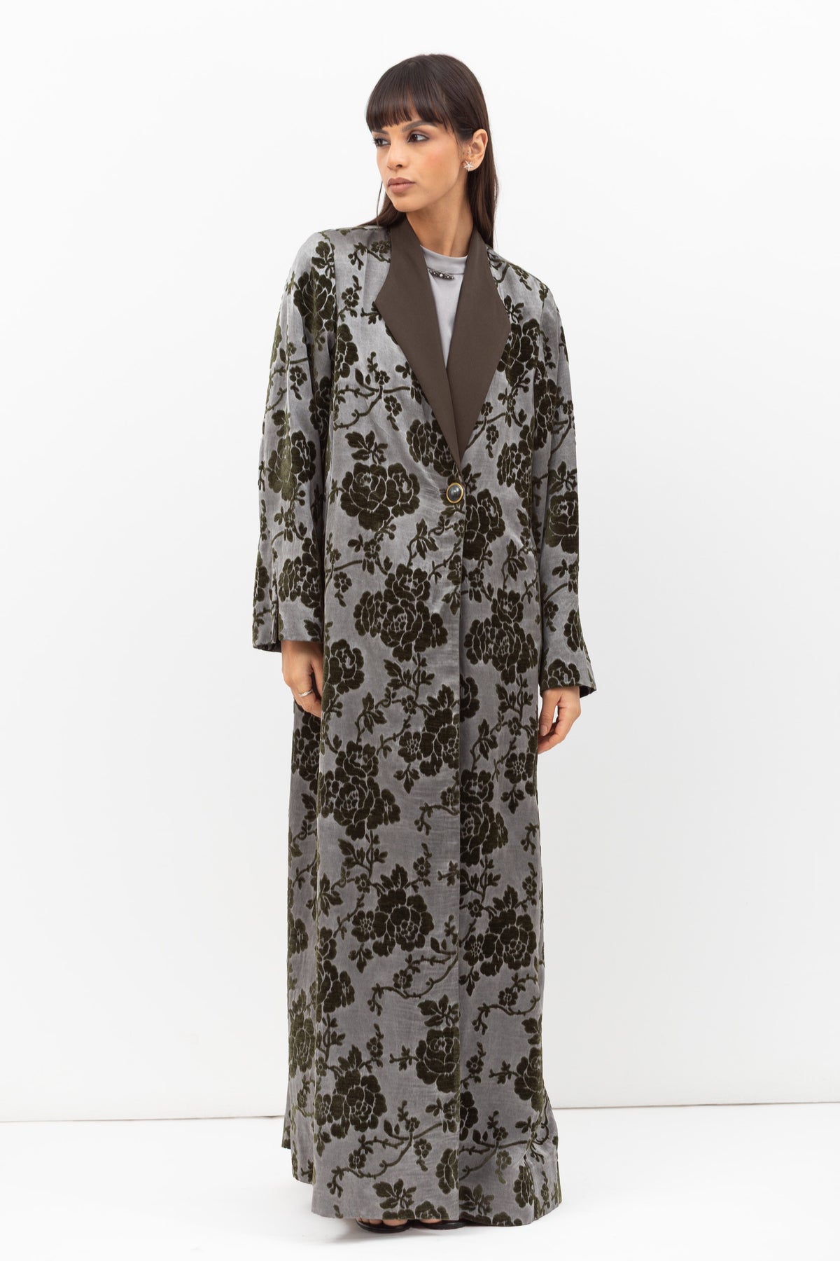 Tuxedo Abaya in Velvet Flower Jacquard in Grey Green