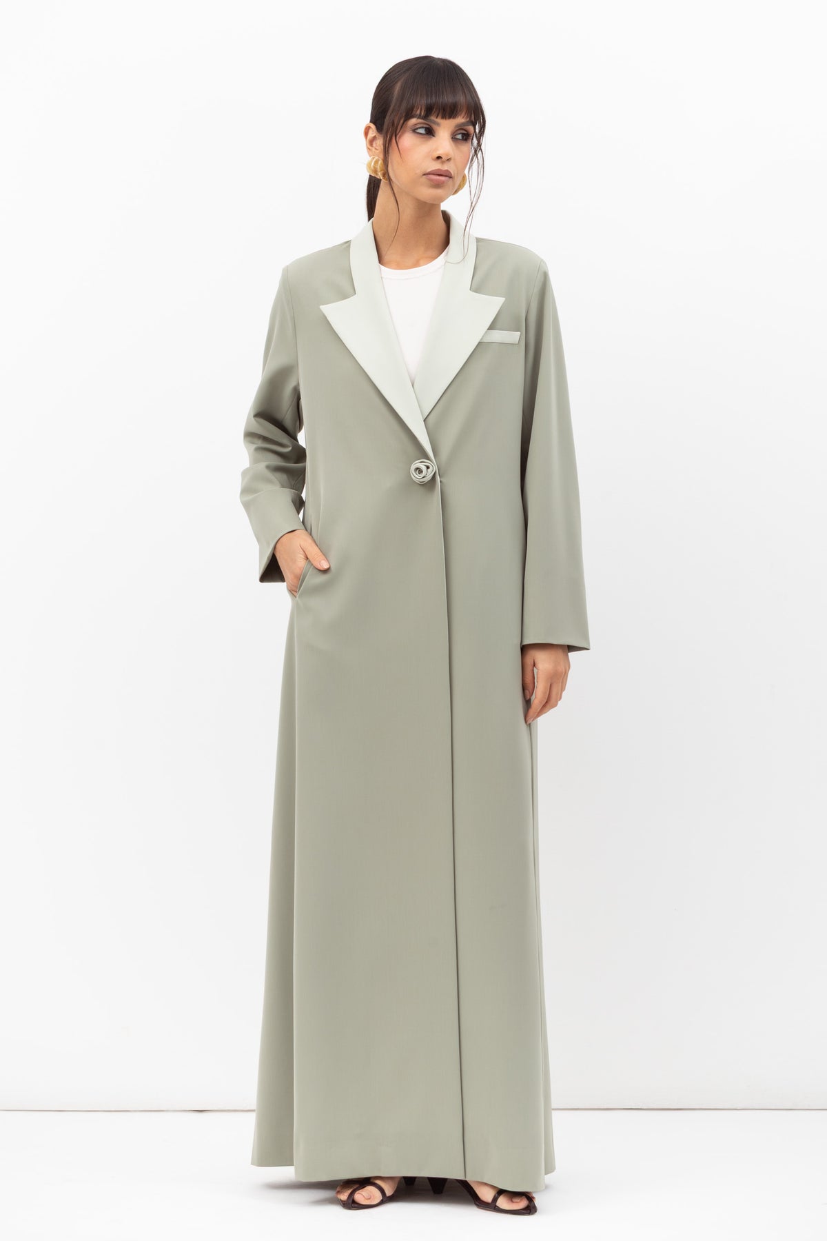Tuxedo Abaya with Flower Button in Pastel Green RTW