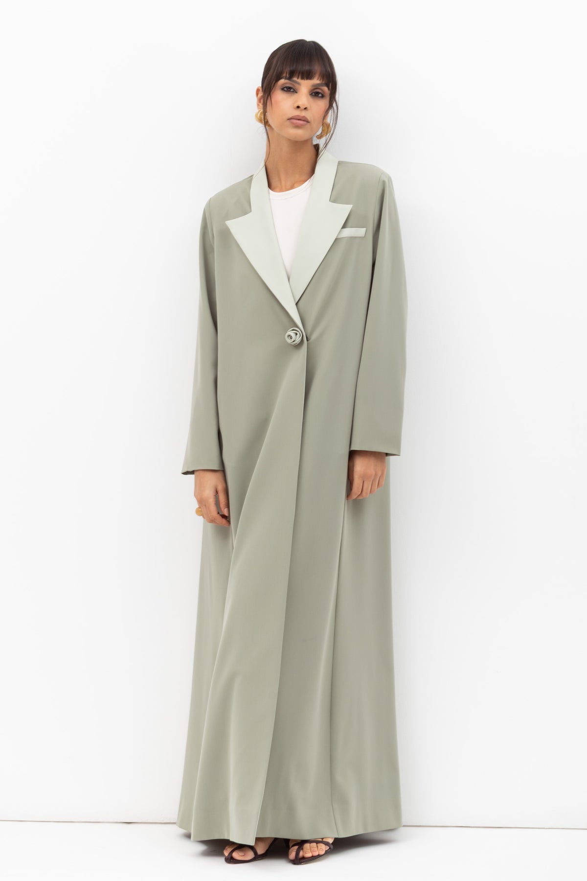 Tuxedo Abaya with Flower Button in Pastel Green RTW