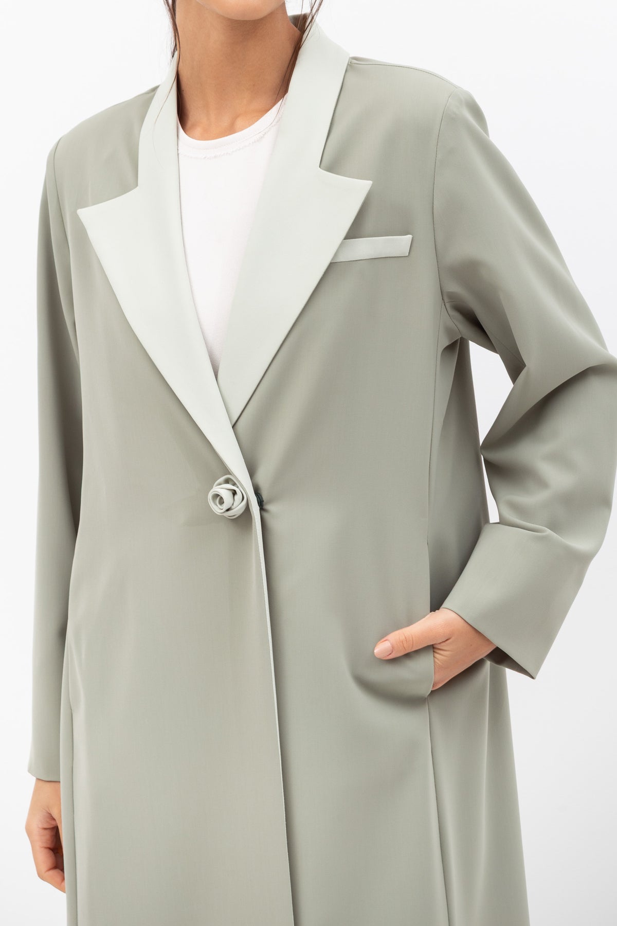 Tuxedo Abaya with Flower Button in Pastel Green RTW