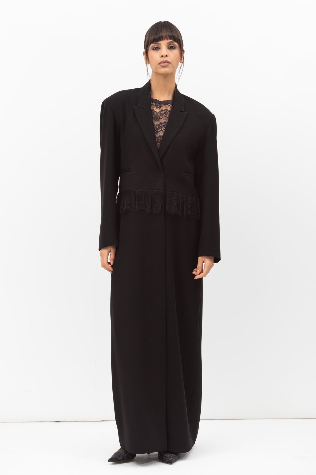 Tuxedo Abaya with Lace Belt in Black