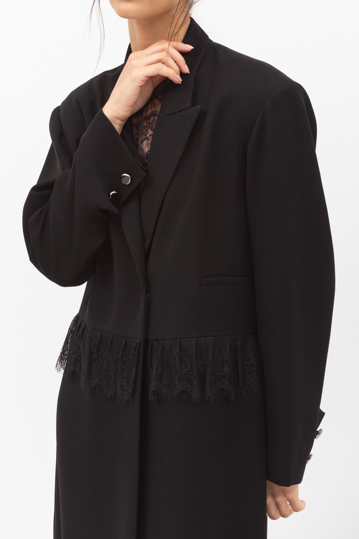Tuxedo Abaya with Lace Belt in Black