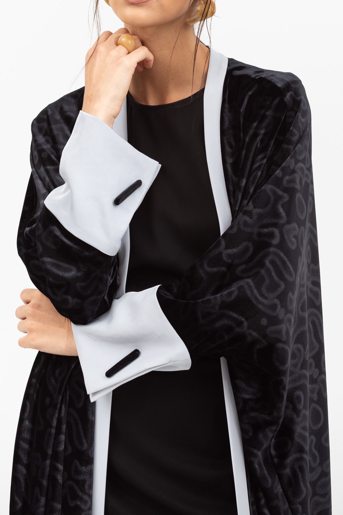 Velvet Butterfly Abaya in Printed Grey Black