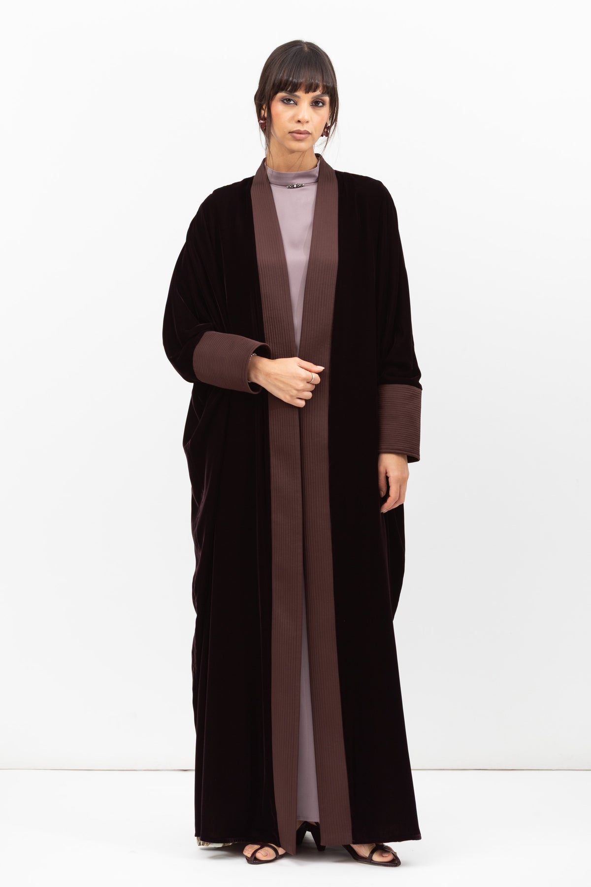 Velvet Butterfly Abaya with Quilted Details in Brown