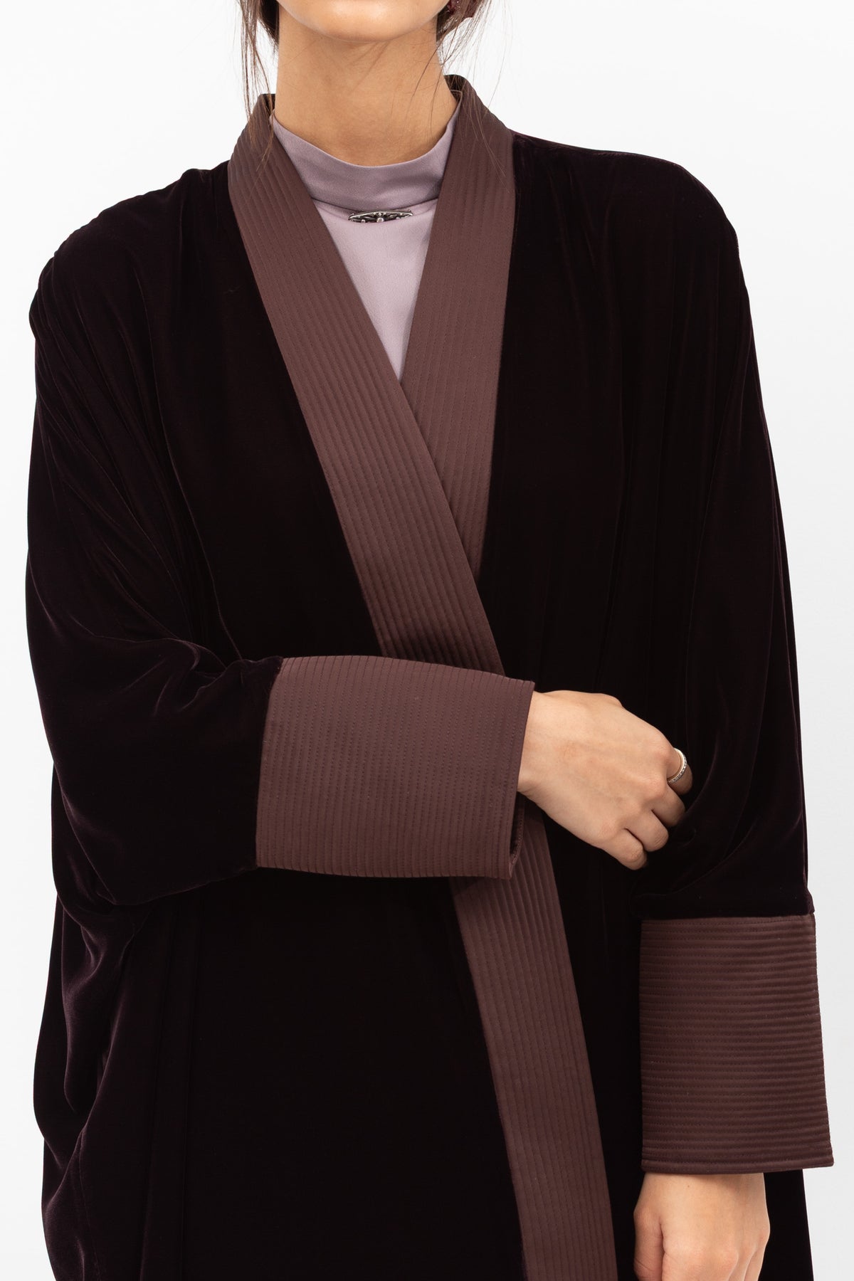 Velvet Butterfly Abaya with Quilted Details in Brown