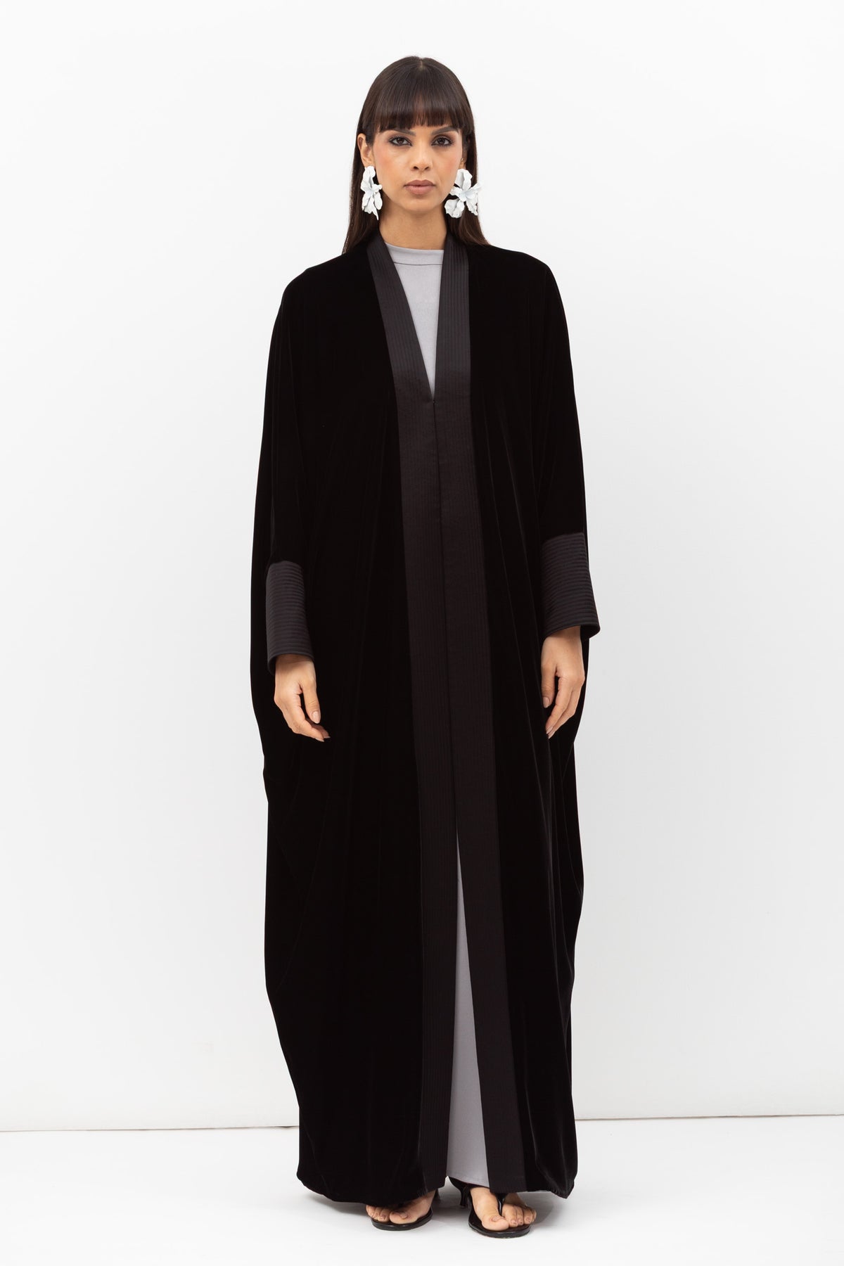 Velvet Butterfly Abaya with Quilted Details in Black RTW