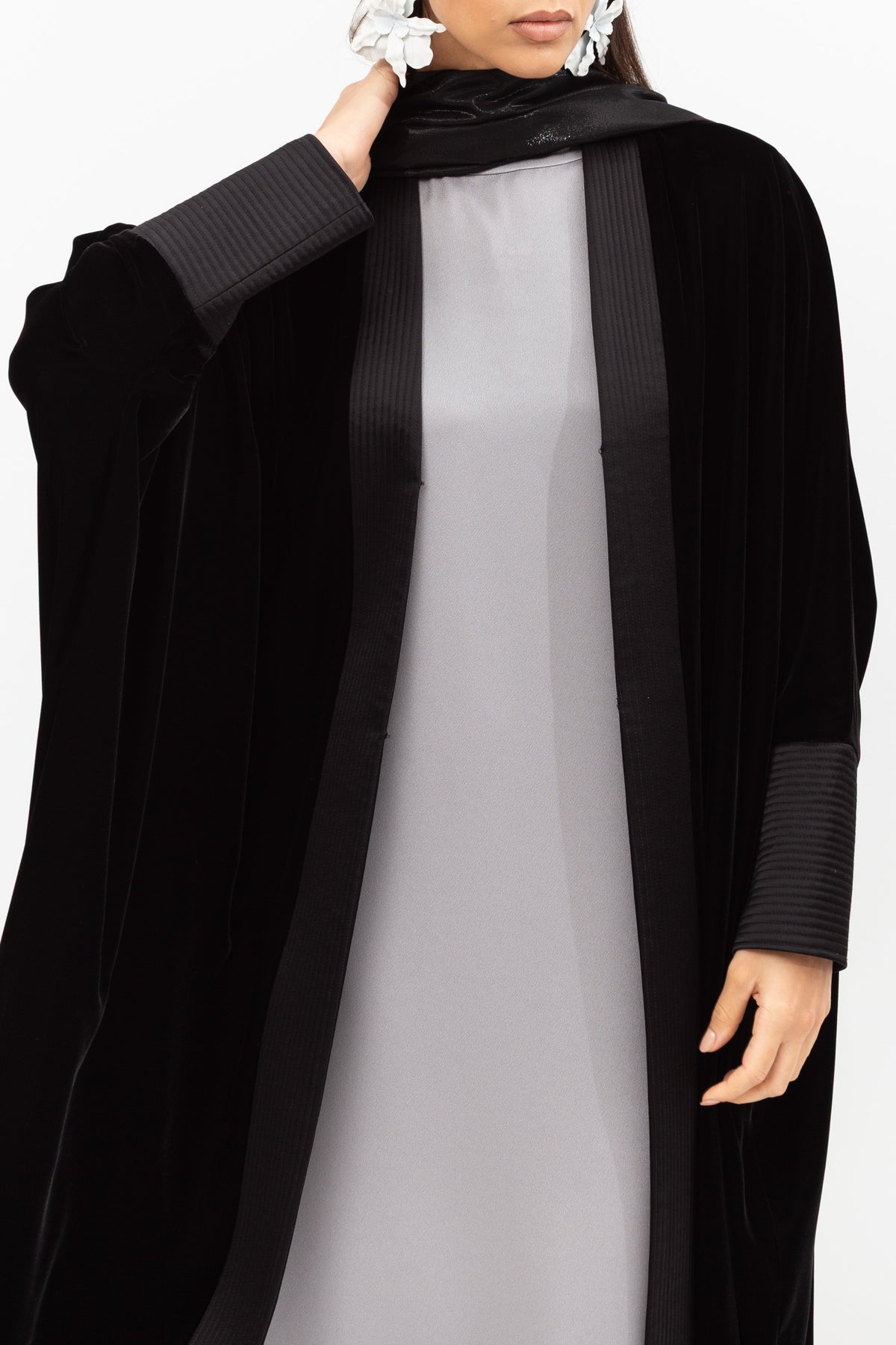Velvet Butterfly Abaya with Quilted Details in Black