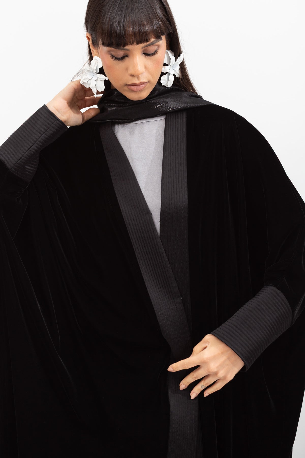 Velvet Butterfly Abaya with Quilted Details in Black RTW