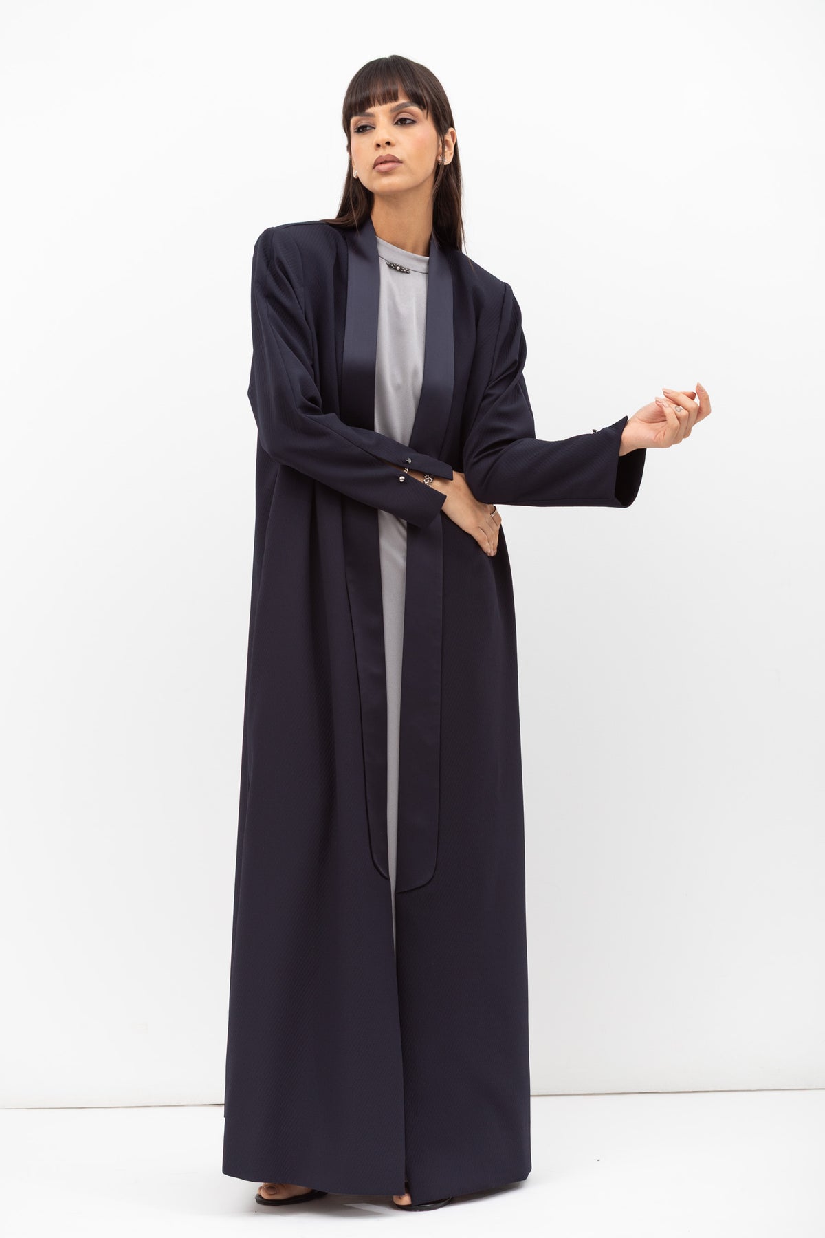 Winter Coat Abaya with Satin Collar in Navy Blue