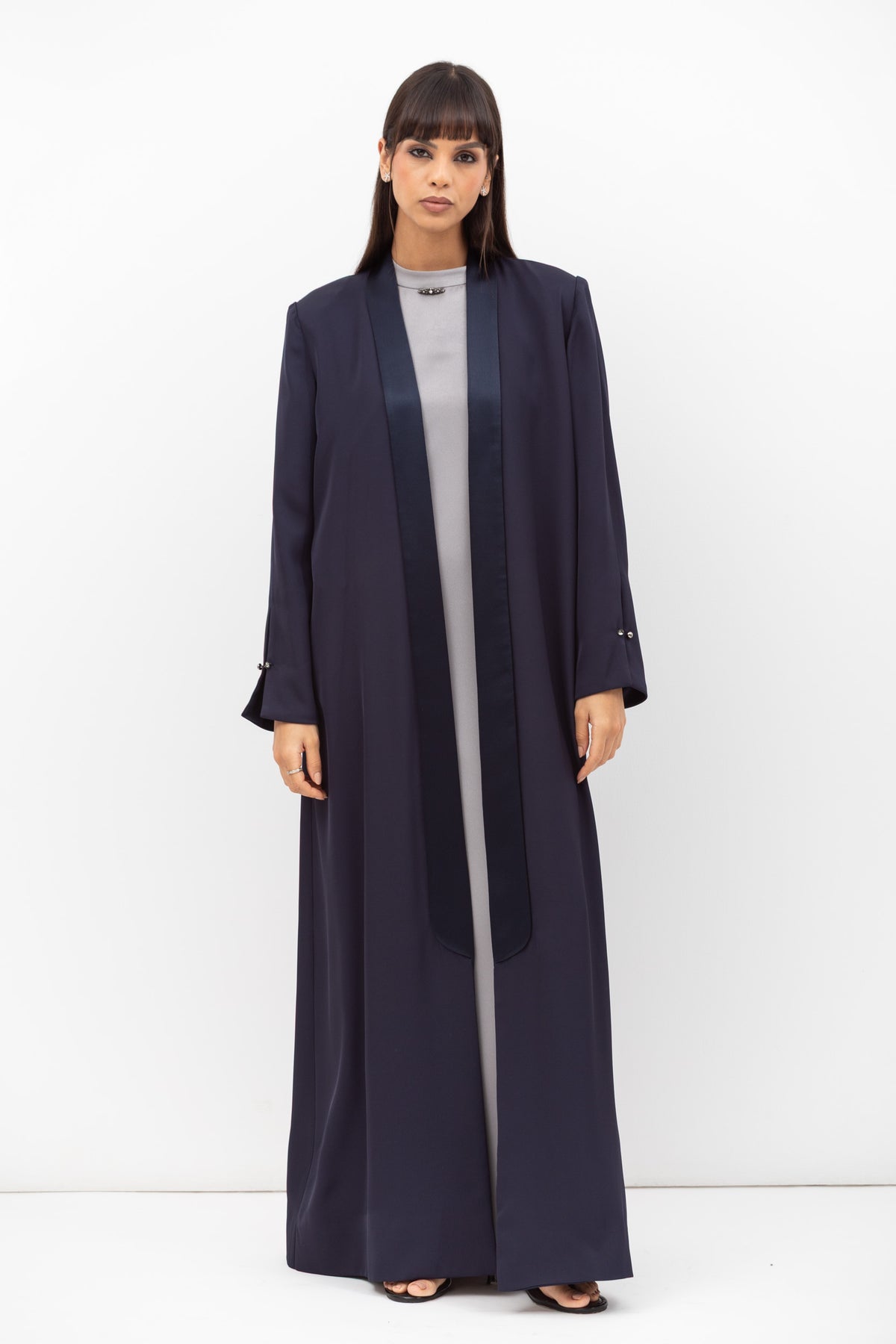 Winter Coat Abaya with Satin Collar in Navy Blue