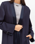Winter Coat Abaya with Satin Collar in Navy Blue RTW