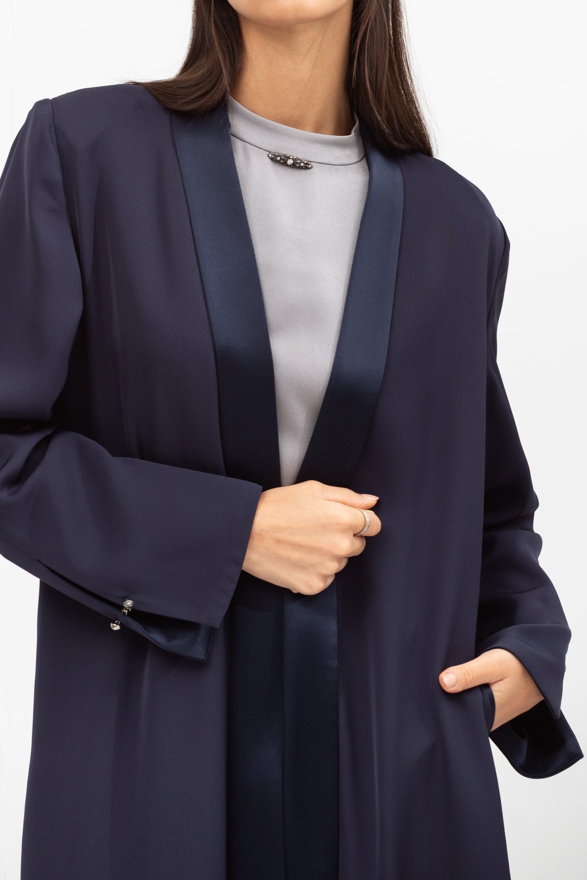 Winter Coat Abaya with Satin Collar in Navy Blue